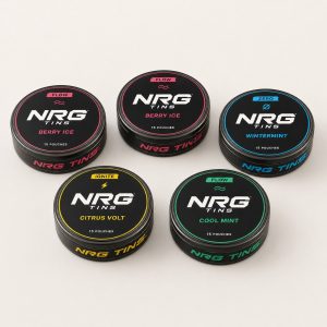 NRG Tins The Berry Ice Mix, 5 tins on a bone studio background.