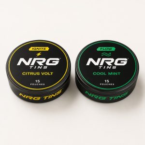 NRG Tins Citrus Volt + Cool Mint, 2 tins on a bone studio background.