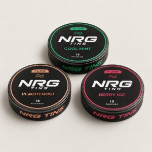 NRG Tins The FLOW Trio, 3 tins on a bone studio background.