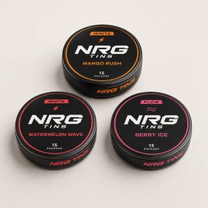 NRG Tins The Fruit Trio, 3 tins on a bone studio background.