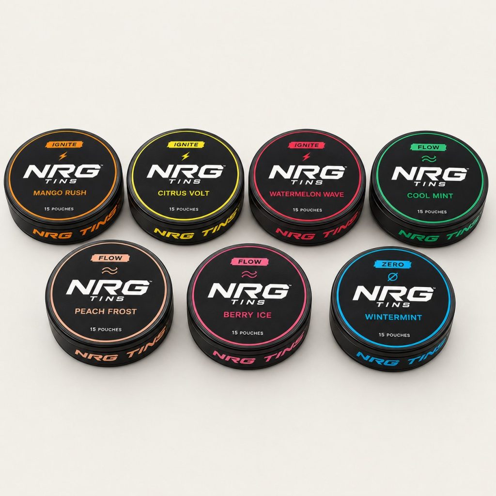 NRG Tins Full Spectrum, 7 tins on a bone studio background.