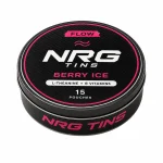 NRG Tins FLOW Berry Ice matte black tin with #EE498C accents, elevated three-quarter front view