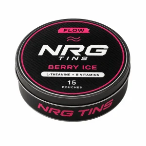 NRG Tins FLOW Berry Ice matte black tin with #EE498C accents, elevated three-quarter front view