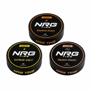 NRG Tins The Bright Trio, 3 tins on a white studio background.