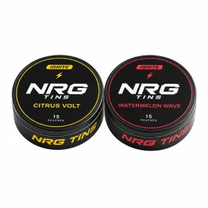 NRG Tins Citrus Volt + Watermelon Wave, 2 tins on a white studio background.