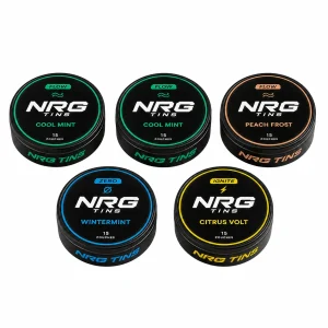 NRG Tins The Cool Mint Mix, 5 tins on a white studio background.