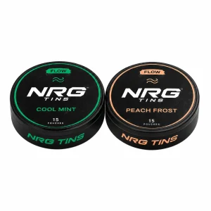 NRG Tins Cool Mint + Peach Frost, 2 tins on a white studio background.