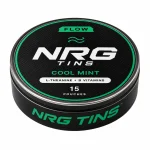 NRG Tins FLOW Cool Mint matte black tin with #21C77A accents, elevated three-quarter front view