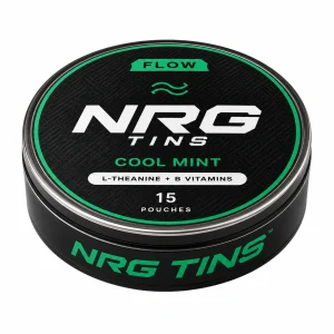 NRG Tins FLOW Cool Mint matte black tin with #21C77A accents, elevated three-quarter front view