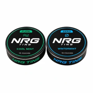 NRG Tins Cool Mint + Wintermint, 2 tins on a white studio background.