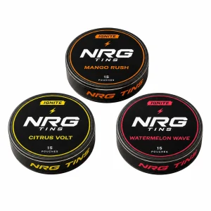 NRG Tins The IGNITE Trio, 3 tins on a white studio background.