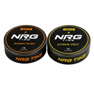 NRG Tins Mango Rush + Citrus Volt, 2 tins on a white studio background.