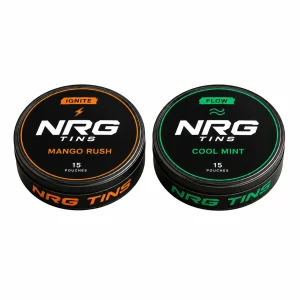 NRG Tins Mango Rush + Cool Mint, 2 tins on a white studio background.