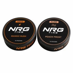 NRG Tins Mango Rush + Peach Frost, 2 tins on a white studio background.