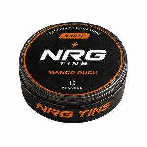 NRG Tins Mango Rush IGNITE tin on a white studio background