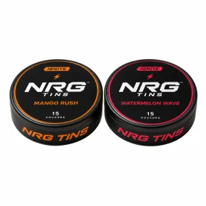 NRG Tins Mango Rush + Watermelon Wave, 2 tins on a white studio background.
