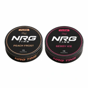 NRG Tins Peach Frost + Berry Ice, 2 tins on a white studio background.