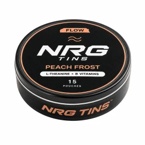 NRG Tins FLOW Peach Frost matte black tin with #F5AF83 accents, elevated three-quarter front view