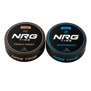 NRG Tins Peach Frost + Wintermint, 2 tins on a white studio background.