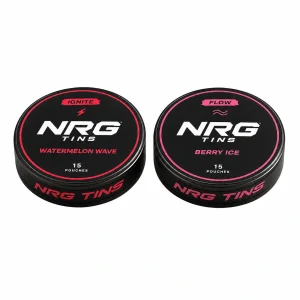 NRG Tins Watermelon Wave + Berry Ice, 2 tins on a white studio background.