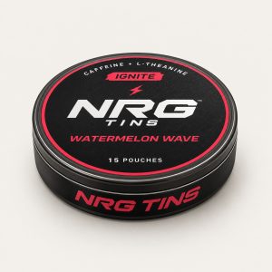NRG Tins Watermelon Wave IGNITE tin on a bone studio background