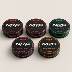 NRG Tins The Watermelon Wave Mix, 5 tins on a bone studio background.
