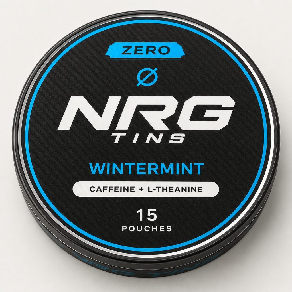 NRG Tins ZERO Wintermint matte black tin with #00B6FF accents, close lid and material detail
