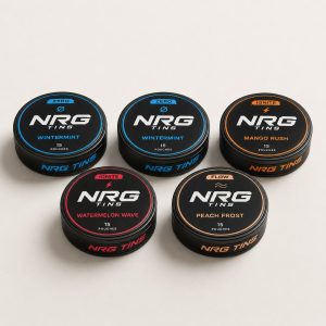 NRG Tins The Wintermint Mix, 5 tins on a bone studio background.