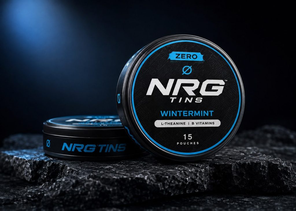 ZERO Wintermint tins with arctic blue accents on black stone.